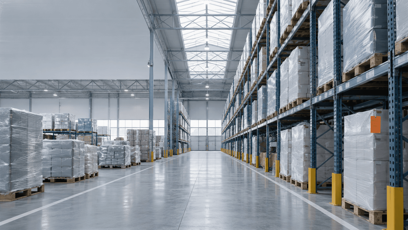 Brede middengang tussen hoge stellingen met ingepakte pallets in een ambient magazijn