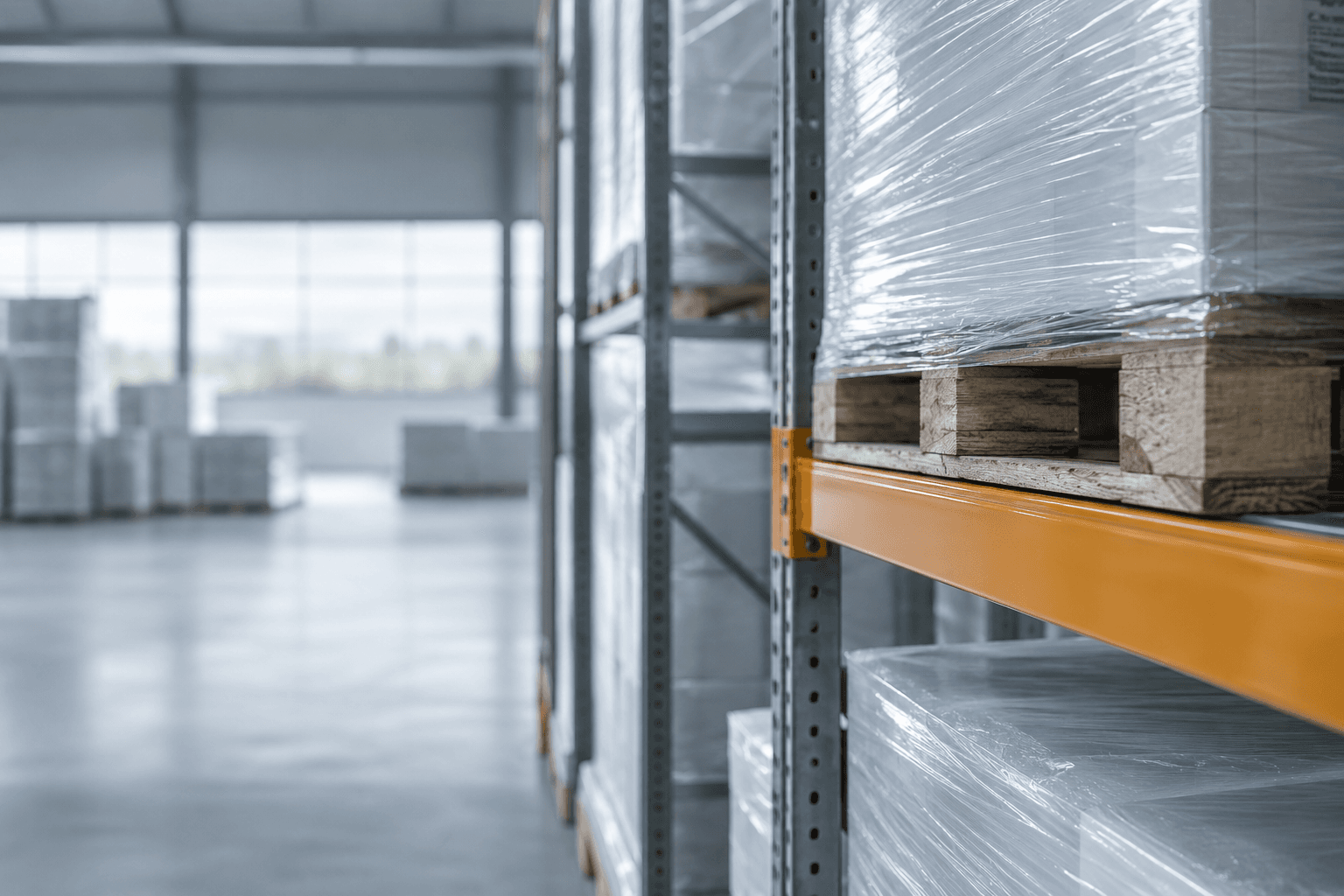 Ingepakte pallets op stellingen met een oranje ligger in een koel magazijn