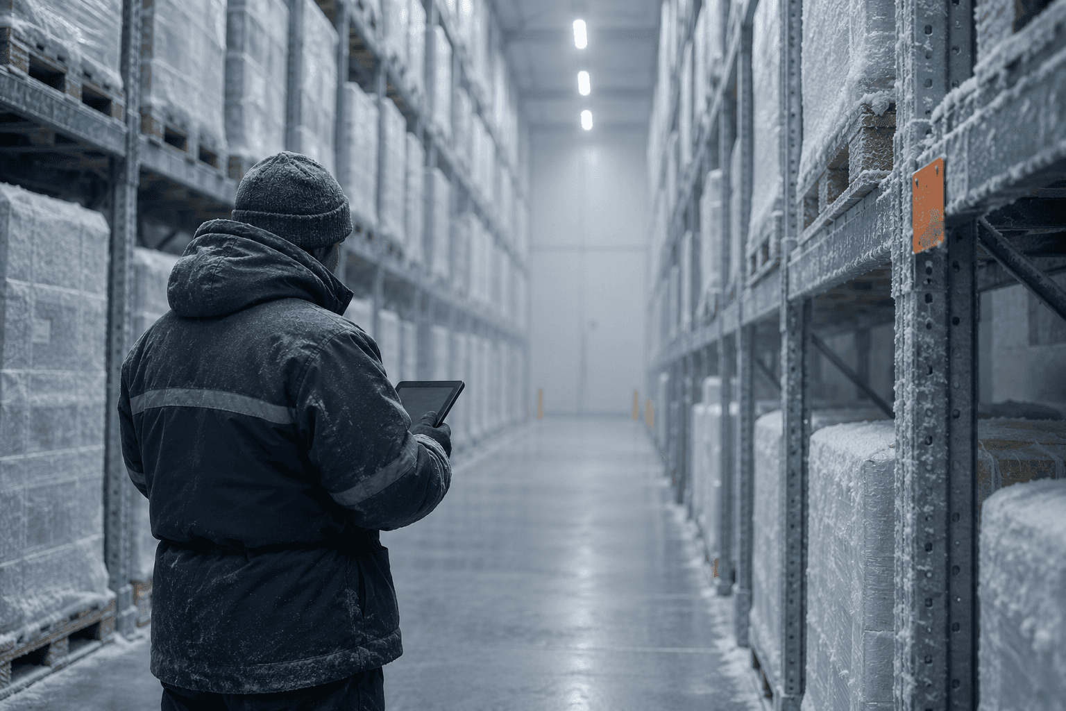 Een persoon in thermische jas van achteren in een bevroren stellinggang, met een tablet in de hand