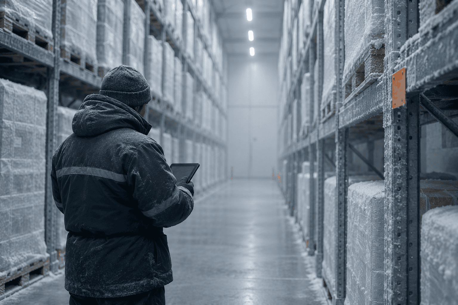 Een persoon in thermische jas van achteren in een bevroren stellinggang, met een tablet in de hand